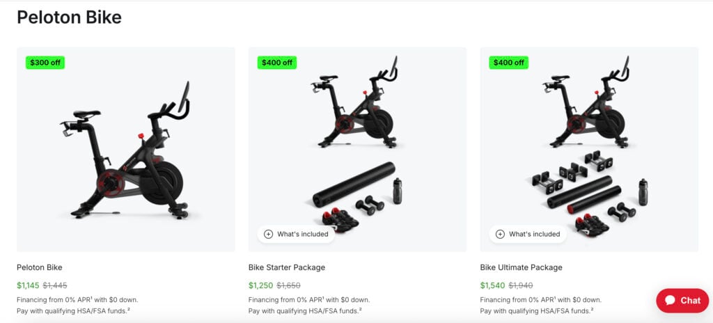 Peloton Deals Page showing Bike offers